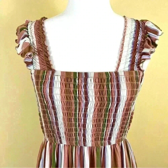 Nordstrom Striped Peasant Boho Ruffle SleeveFit Flare Mini Sun Dress Size M - Picture 2 of 15